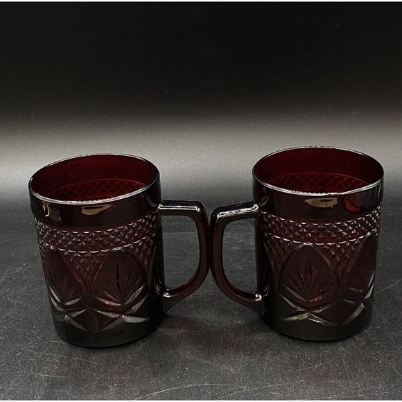 Ruby Red Glass Coffee Mugs Cristal D'arques Durand France Luminarc LOT 2 - Picture 2 of 8